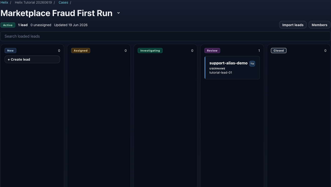 Helix case board with leads across workflow columns