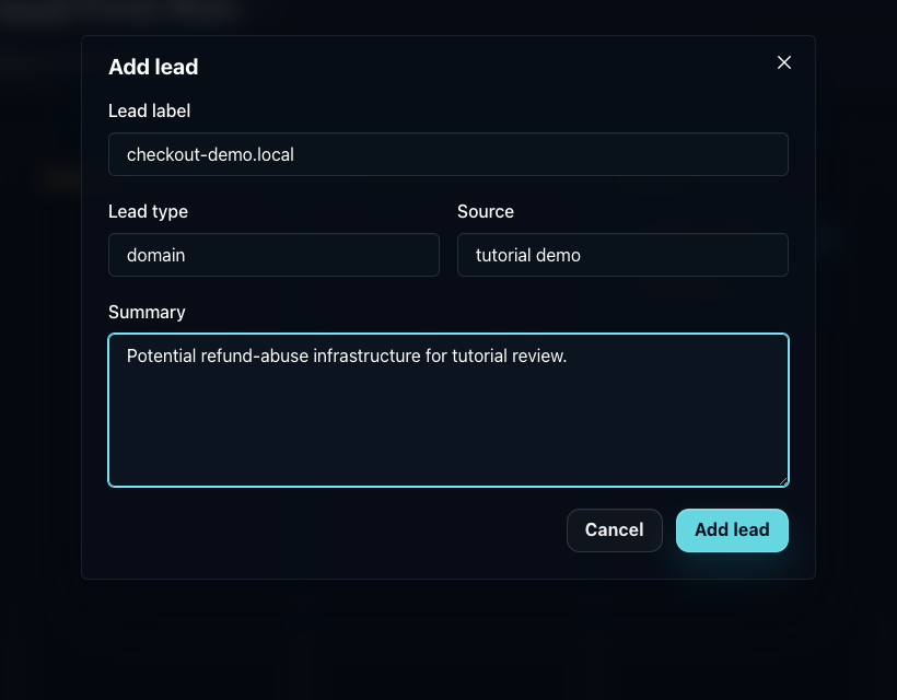 Helix add lead form with label, type, source, and summary fields