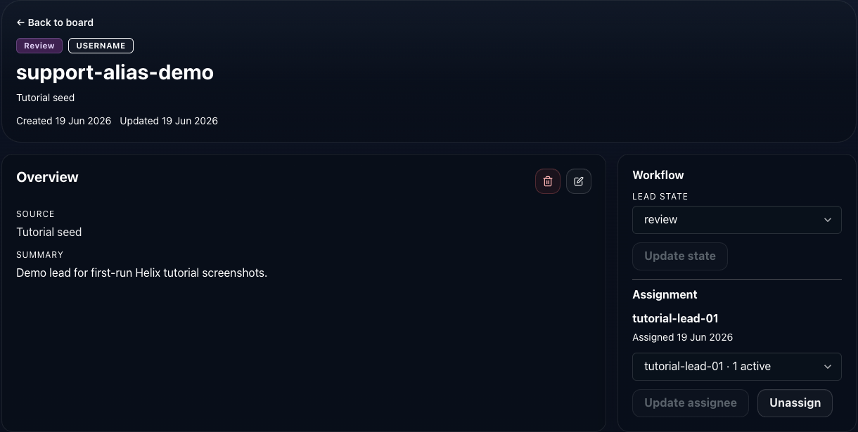 Helix lead detail workflow and assignment controls