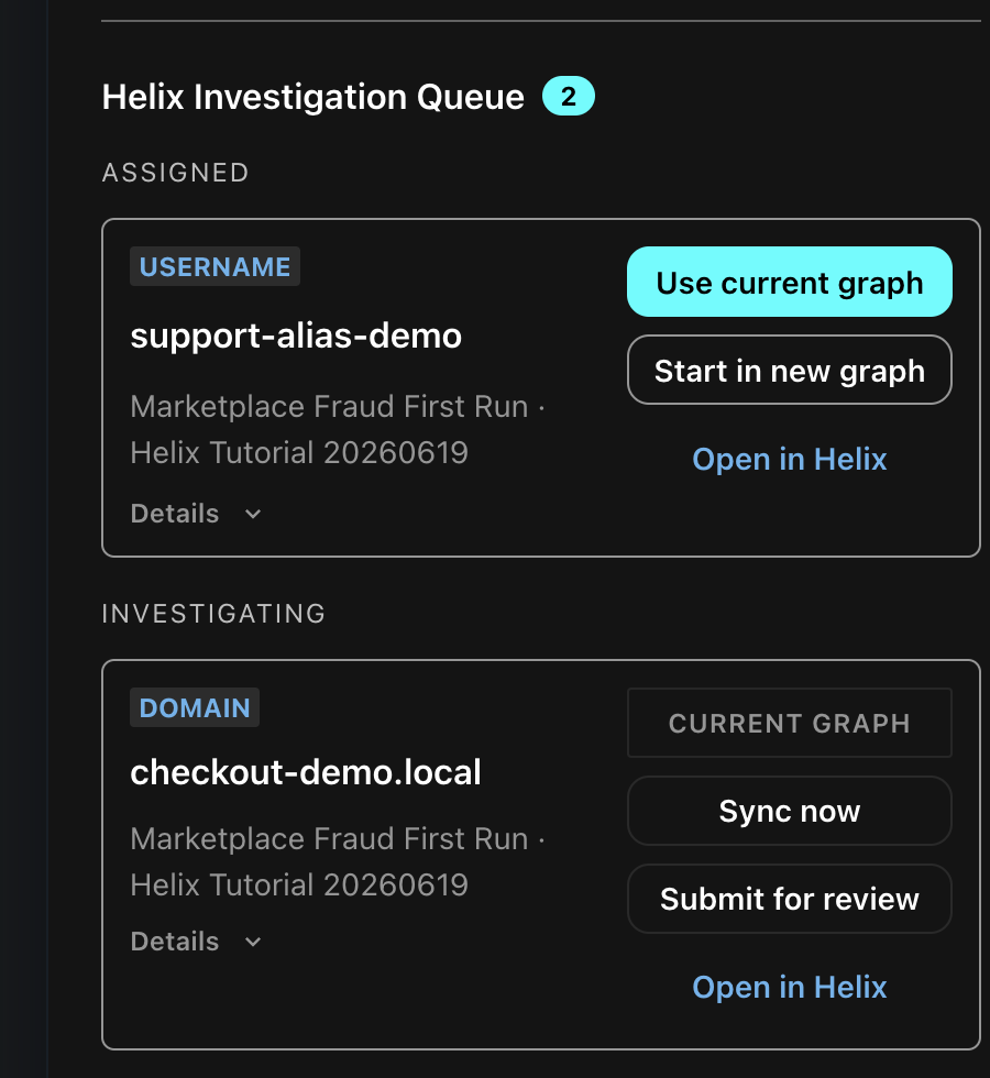 SIERRA Cloud Helix investigation queue with assigned and investigating leads